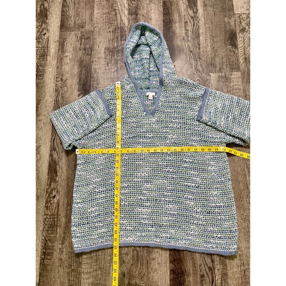 J.Jill Large Hooded Knit Sweater Blue Green White Textured Relaxed Fit Boho Cosy - Picture 6 of 8